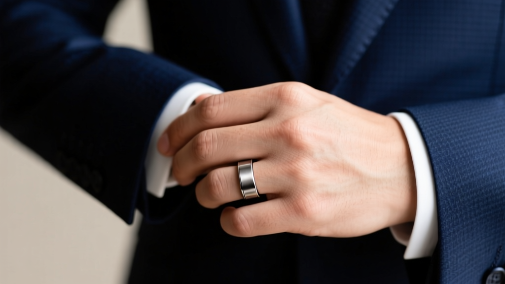 A mans hand wearing a brushed gunmetal tungsten carbide signet ring while adjusting the cuff of a tailored navy business suit.