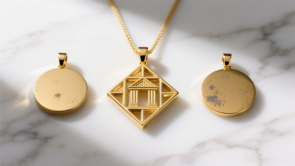 Flat lay of a solid 14k gold architectural pendant beside two budget gold-plated brass alternatives on a white marble surface.