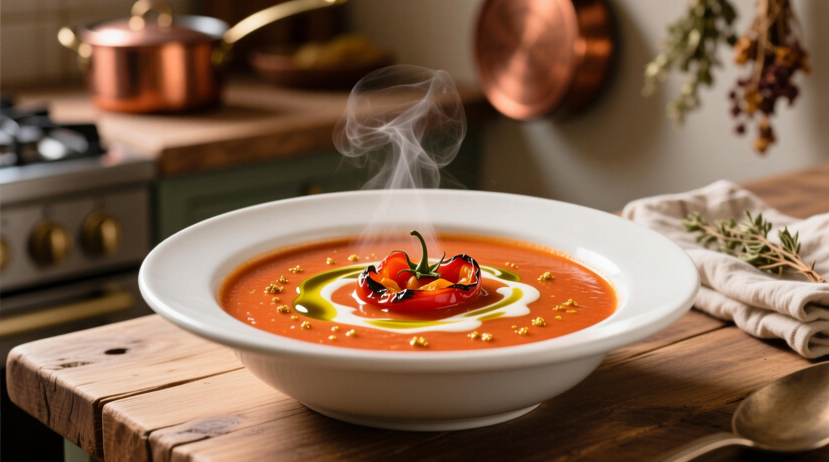 Creamy tomato roasted red pepper soup in white bowl