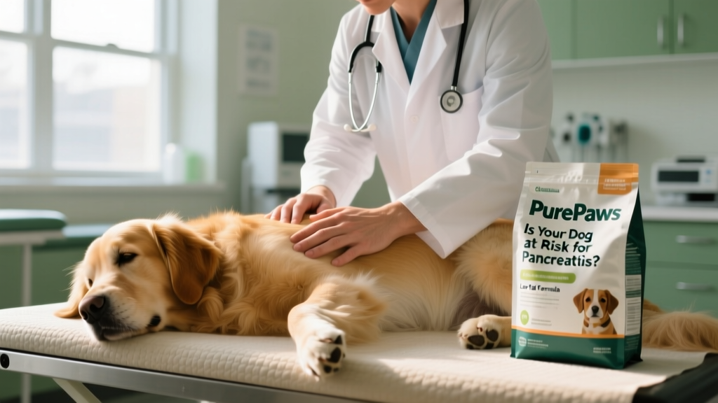 A veterinarian gently examining a calm dog’s abdomen during a wellness check, with a low-fat dog food bag visible nearby