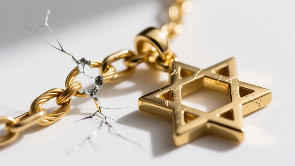 Macro photography of a broken 0.9mm gold cable chain link next to a heavy solid gold Star of David pendant, showing metal fatigue.