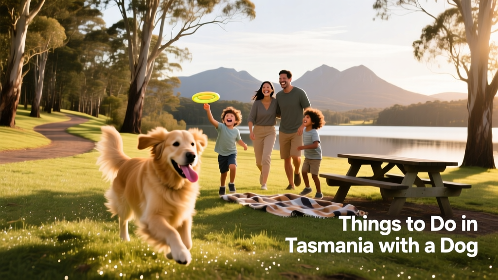 a young family of four playing in a dog-friendly park in Tasmania, with a happy dog running nearby