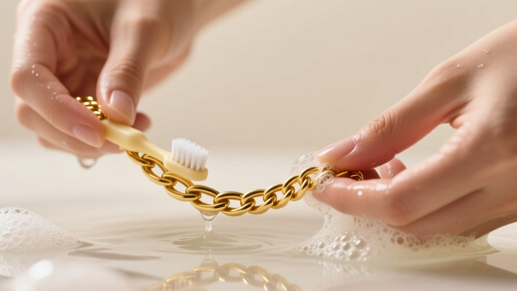 Hands cleaning a 14k gold rope chain in soapy water using an ultra-soft infant toothbrush under warm studio lighting.
