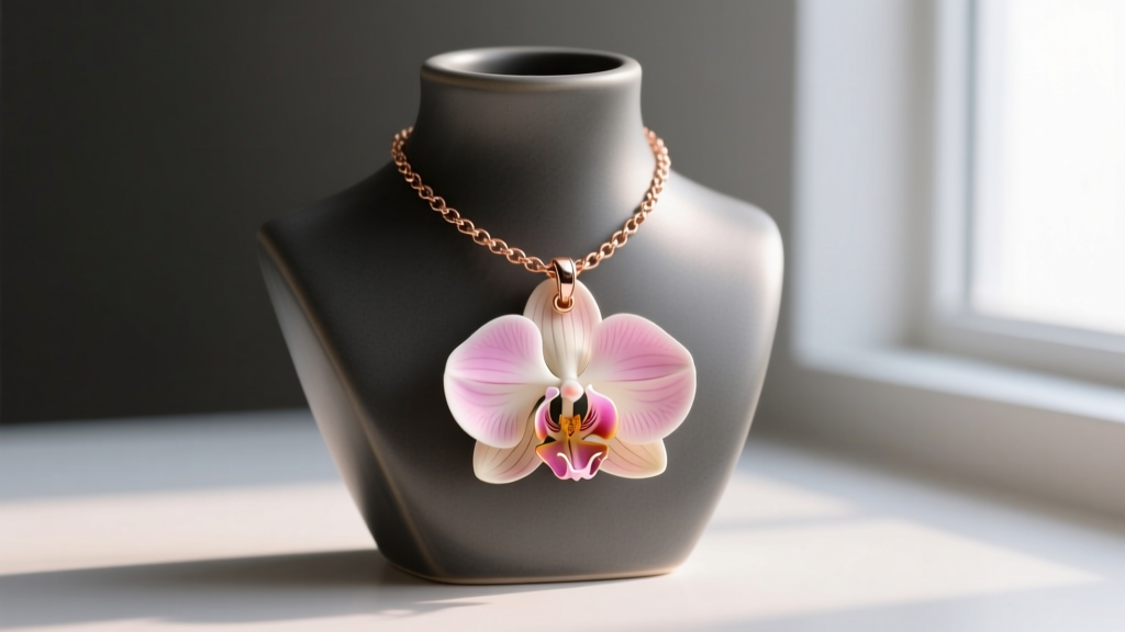 Elegant rose gold box chain holding a 3D orchid pendant on a matte charcoal ceramic jewelry bust in soft studio light