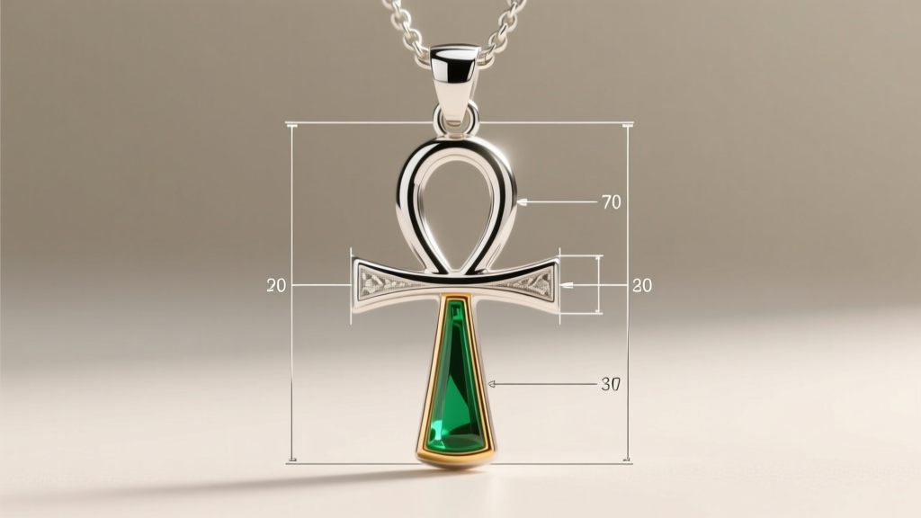 Technical diagram overlay on a polished sterling silver ankh pendant, showing the ideal ratio between the top loop and lower shaft.