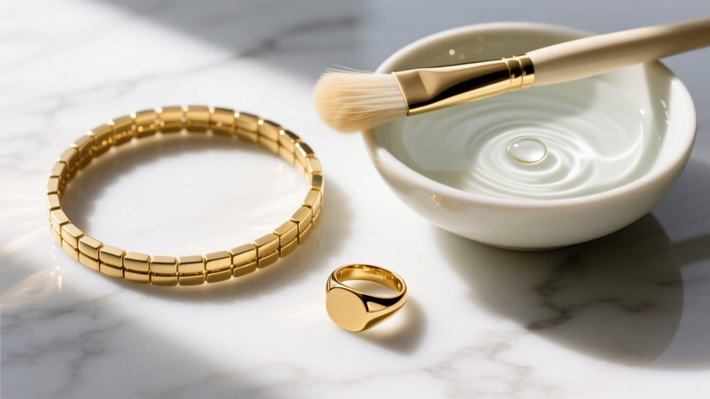 Flat lay of a 14k gold tennis bracelet and 10k gold signet ring on marble beside a bowl of soapy water and a soft brush.