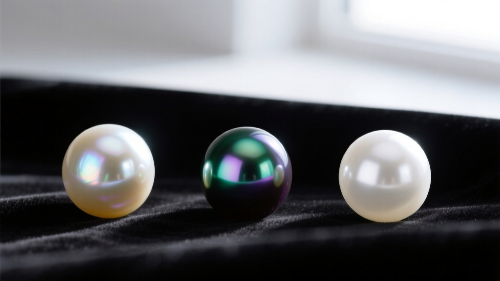 Macro comparison of a cream South Sea pearl, a peacock Tahitian pearl, and a white Akoya pearl resting on black velvet fabric.