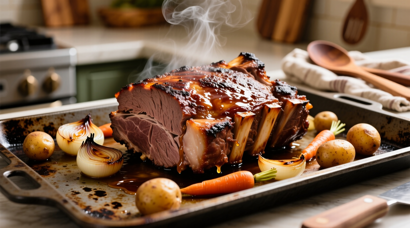 Perfectly cooked chuck roast with vegetables on baking sheet