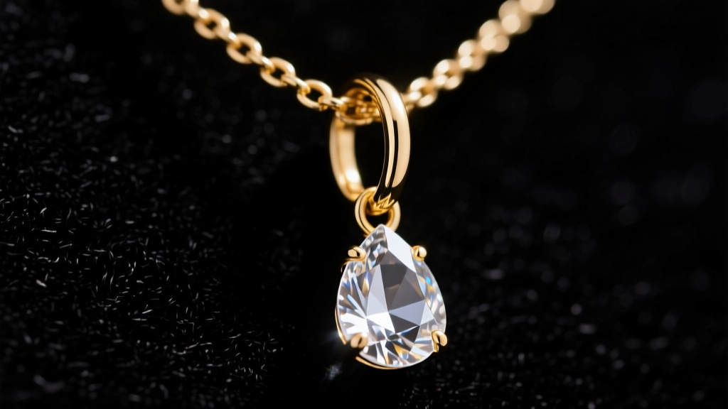Macro shot of a necklace bail featuring soldered 14k gold jump rings and precision-cut clear crystal drops against dark velvet.