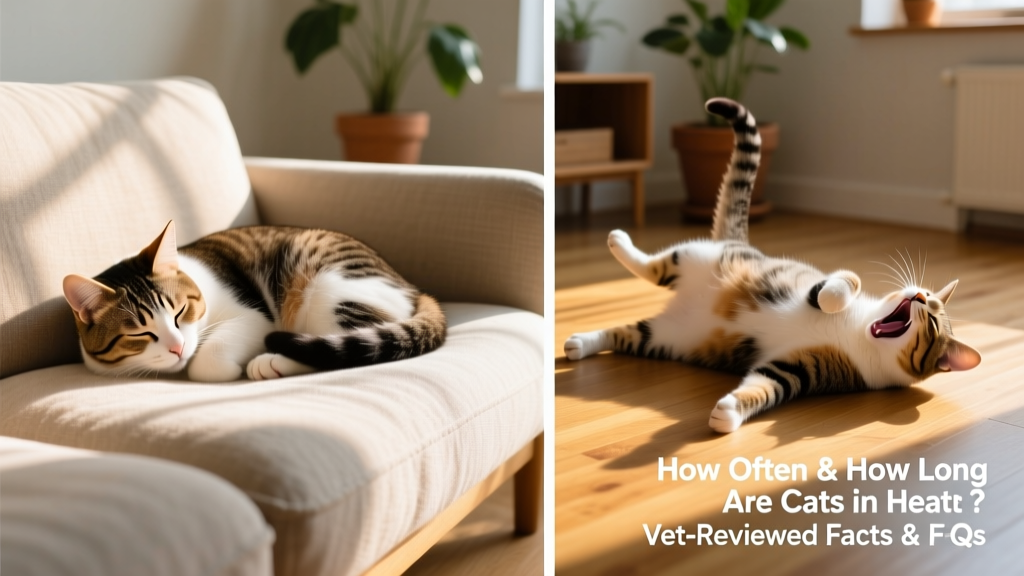 Side-by-side comparison: a relaxed cat resting vs. same cat displaying classic heat behaviors (rolling, vocalizing, elevated hindquarters)