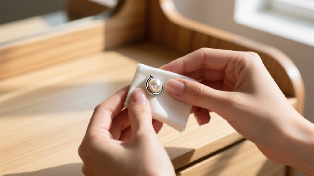 Hands gently wiping a sterling silver pearl earring with a microfiber cloth on a wooden vanity, showing proper daily jewelry care.