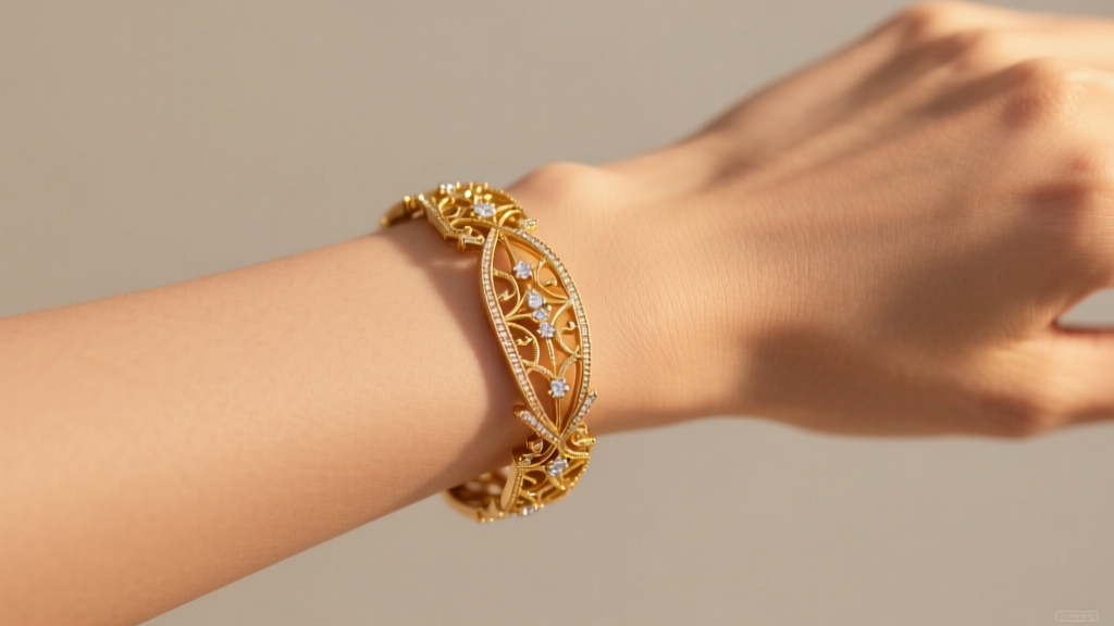 Close-up of a female wrist wearing a borrowed 18k gold designer bracelet with subtle sparkle under warm gallery lighting