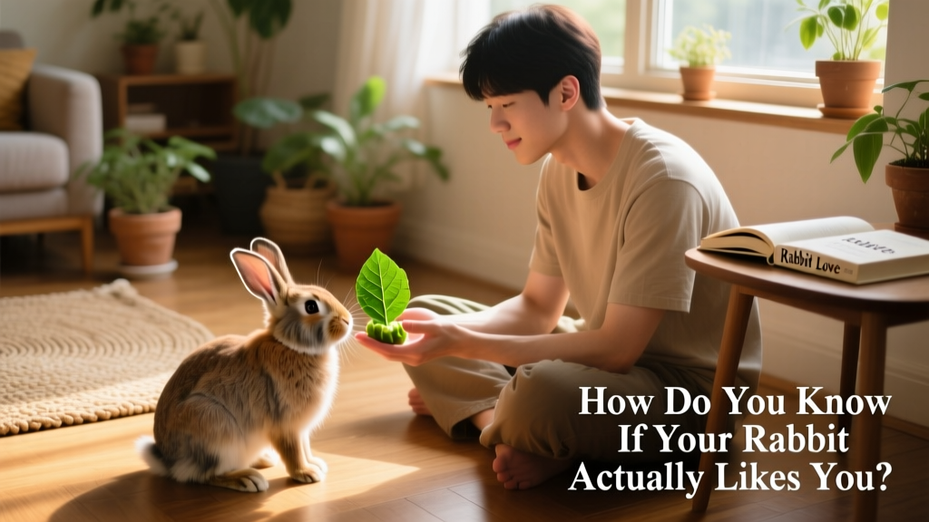 A person sitting calmly on the floor beside a curious rabbit, offering a leafy green treat from an open palm