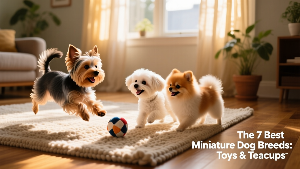 A joyful group of miniature dogs—Yorkshire Terrier, Maltese, and Pomeranian—playing together on a sunlit rug