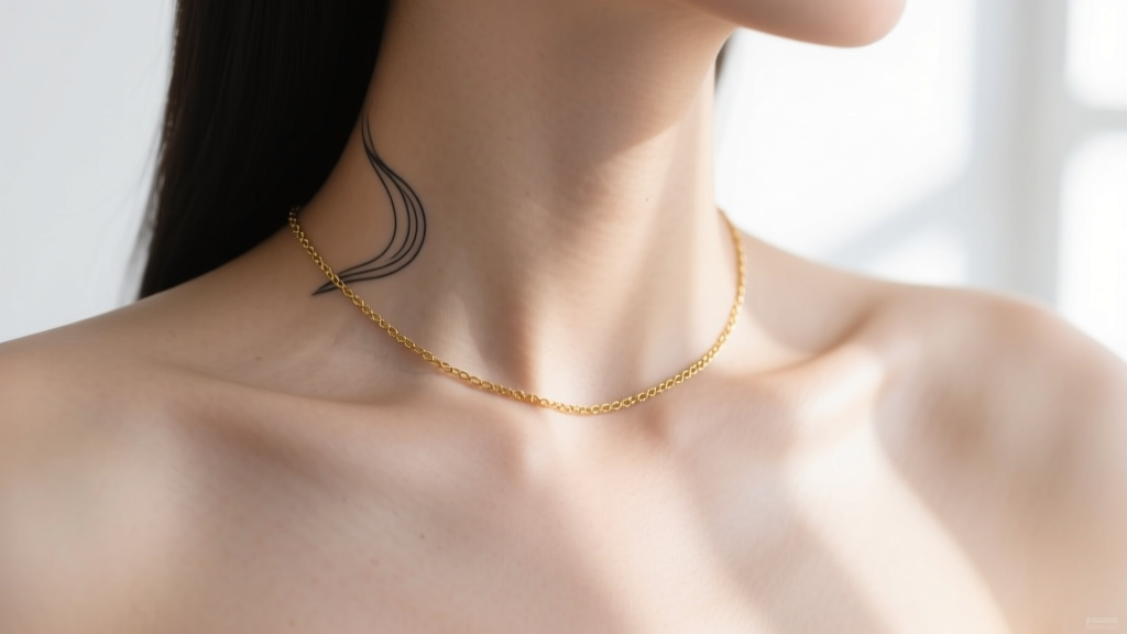 Fine-line simple necklace tattoo resting on a collarbone, mimicking a delicate gold chain under soft natural window lighting