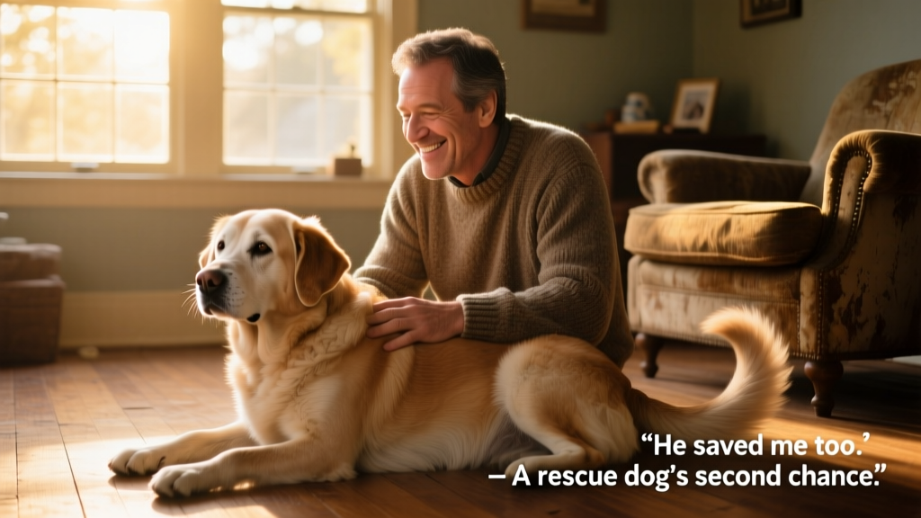 A warm, candid photo of a senior dog resting contentedly beside his adoptive human, both smiling, sunlight streaming through a window