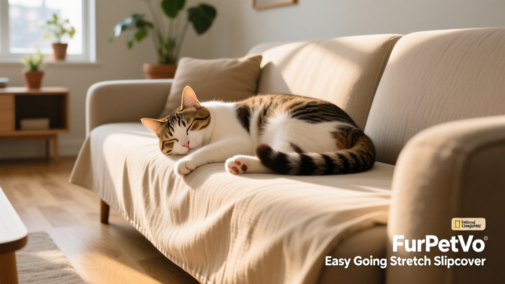 A relaxed cat napping peacefully on a FurPetVo Easy Going Stretch Slipcover, tail curled over the edge of the sofa
