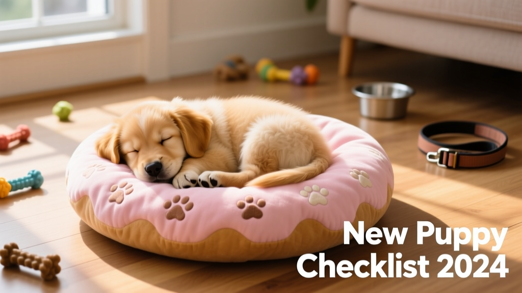 A fluffy puppy curled up asleep on a round, cushioned doughnut-style dog bed