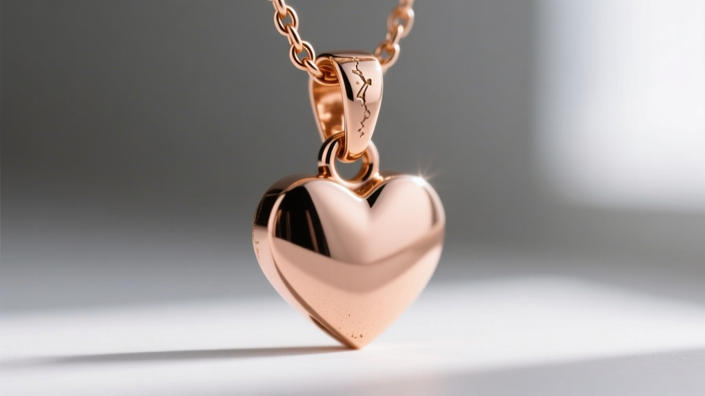 Extreme close-up of a 14k rose gold heart pendant bail and jump ring, revealing the precise soldering point and chain attachment.