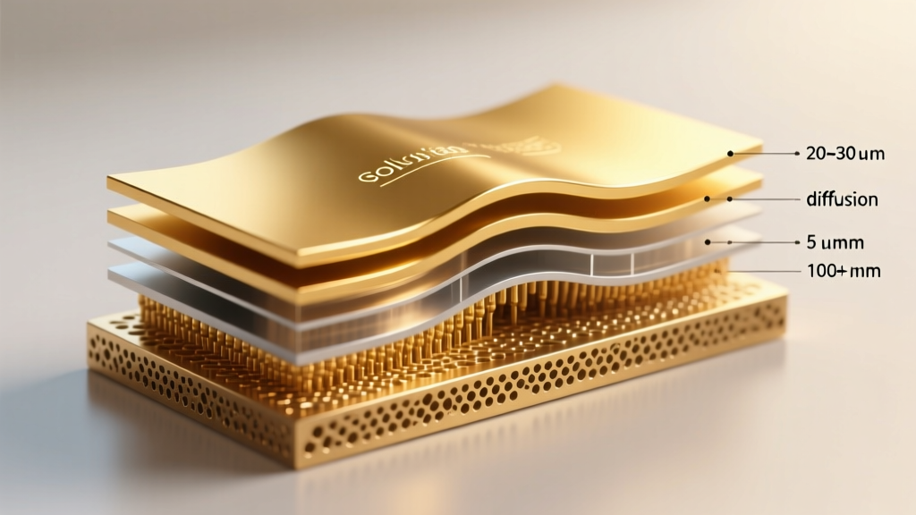 Detailed cross-section illustration of gold electroplating layers over a porous brass base metal, showing exact micron thickness.