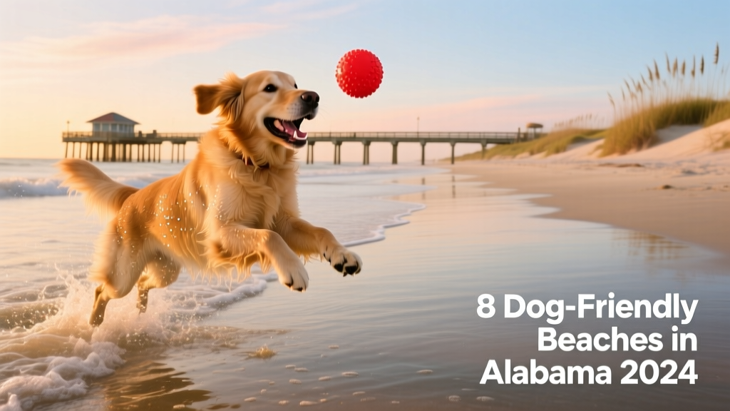 A golden retriever playing fetch in shallow water at Gulf State Park Beach, with the iconic fishing pier visible in the background