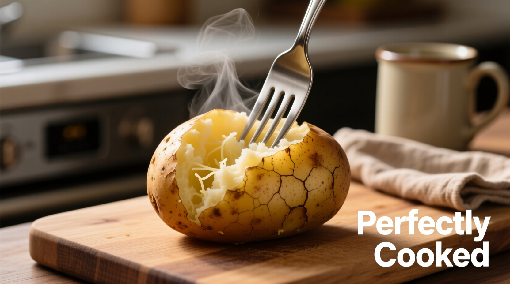 Perfectly cooked microwave potato with fork