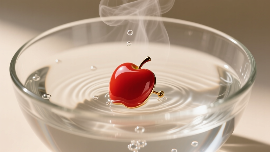 Glass bowl of hot water with an apple juice Bakelite brooch submerged, releasing a distinct chemical scent for plastic testing.