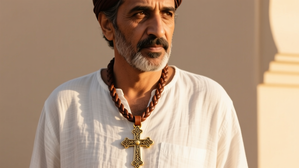 Man wearing a 50mm Tuareg cross necklace on a braided leather cord over a white linen shirt, lit by warm natural sunlight