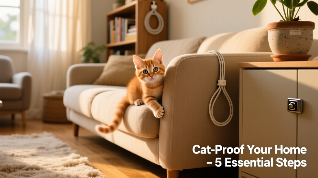 A curious kitten peering from behind a sofa, surrounded by everyday household items