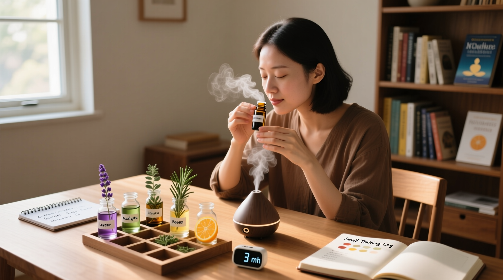 Person practicing smell training with essential oils