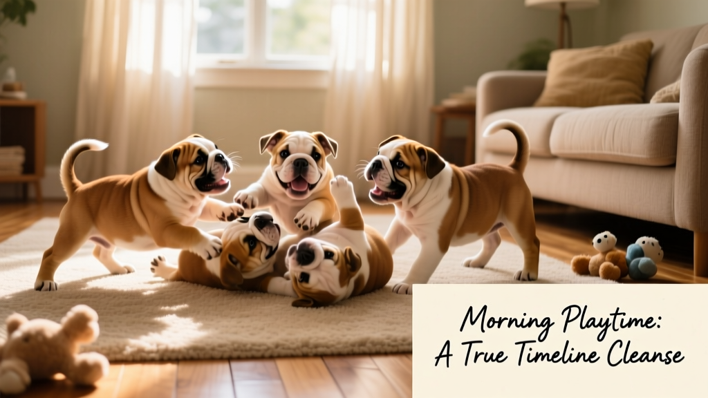 Six English Bulldog puppies tumbling and playing together in a sunlit living room