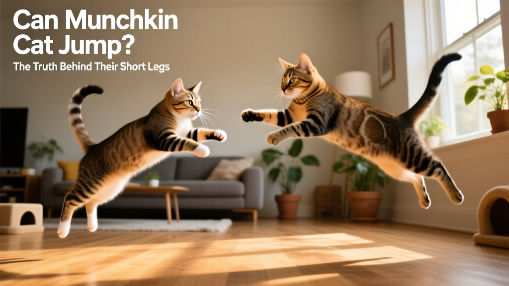 Side-by-side comparison of a Munchkin cat and a typical domestic shorthair mid-leap