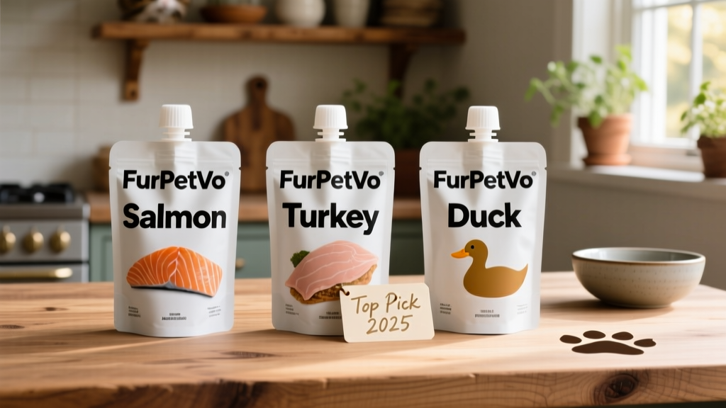 Side-by-side comparison of three FurPetVo wet food pouches — salmon, turkey, and duck — arranged neatly on a wooden counter