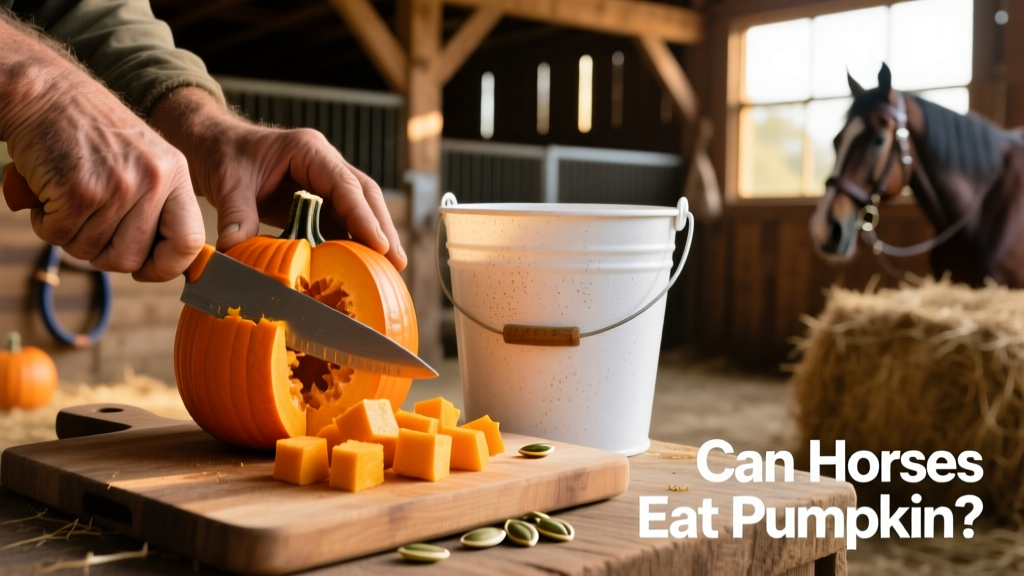 A hand cutting fresh pumpkin into bite-sized chunks beside a clean feed bucket