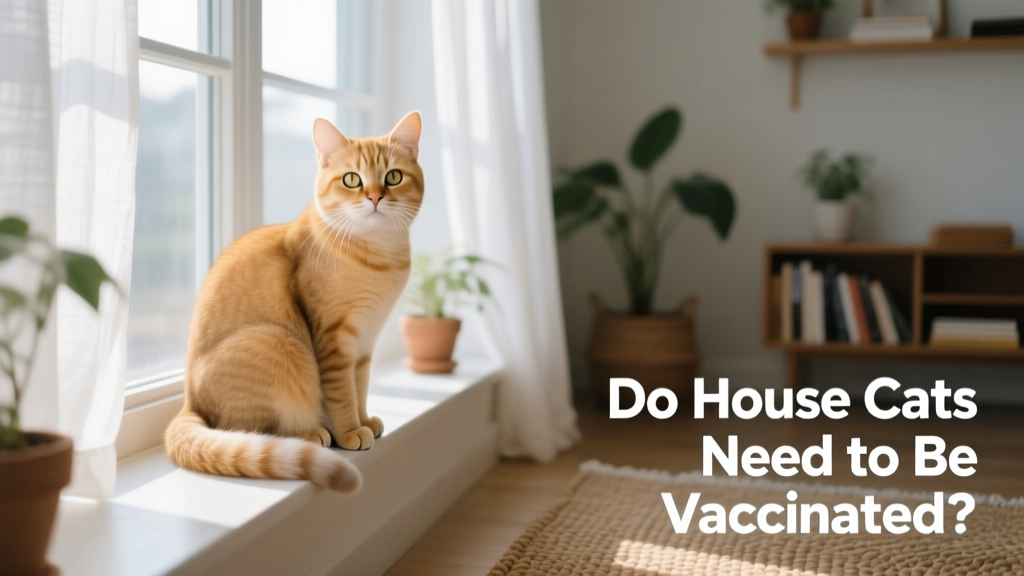 A calm, healthy indoor cat sitting near a sunny window, looking relaxed and well-cared-for