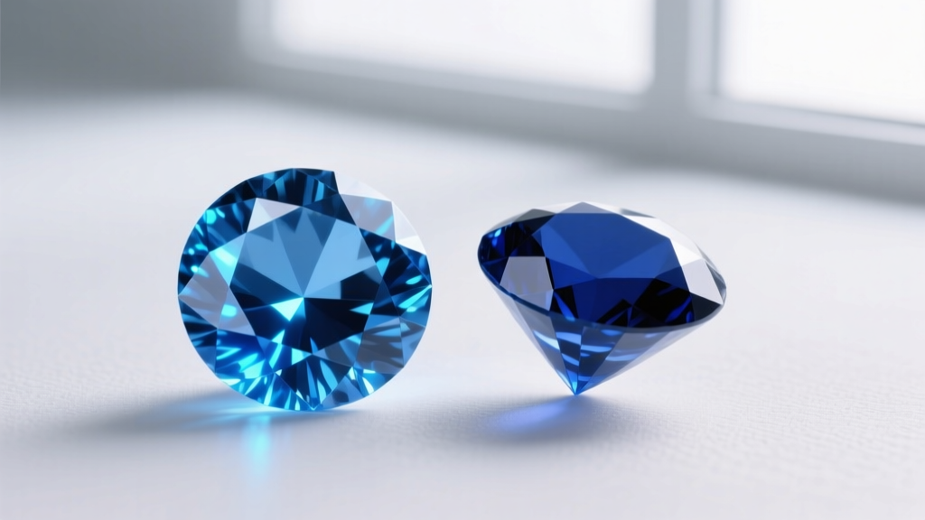 Macro shot of an irradiated blue diamond beside a natural Type IIb blue diamond, showing color saturation and clarity differences