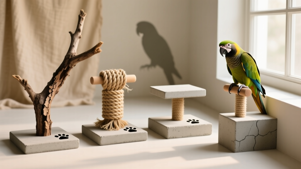 Assortment of safe perch types: natural branch, rope, concrete, and flat corner perch