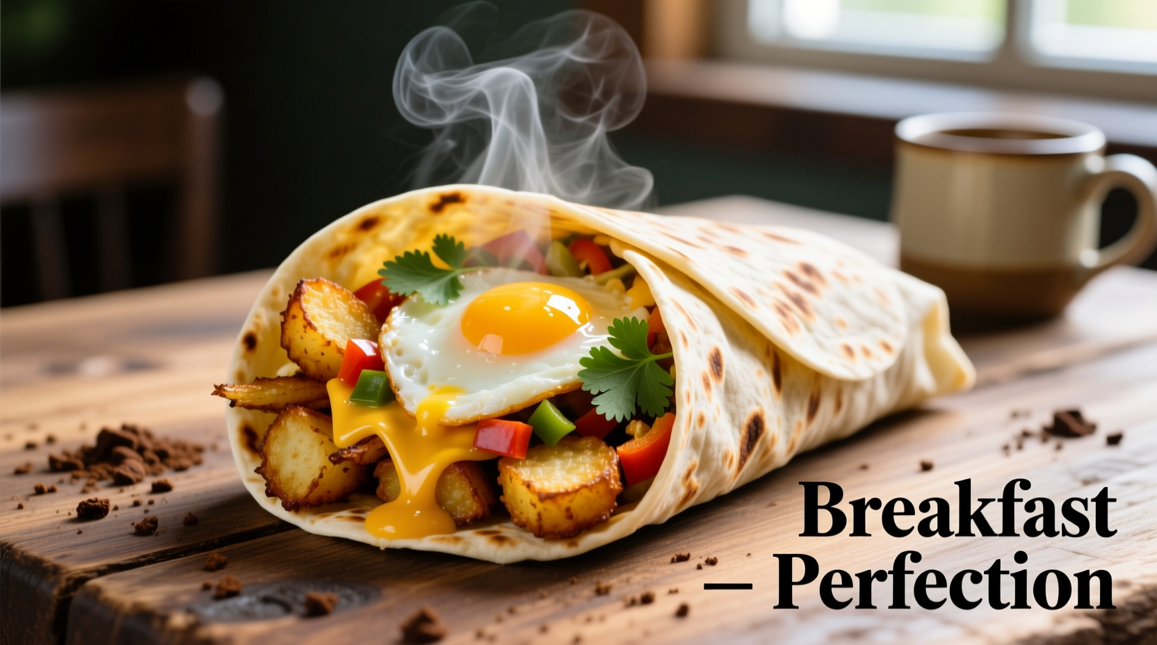 Golden hash browns inside a freshly made breakfast burrito