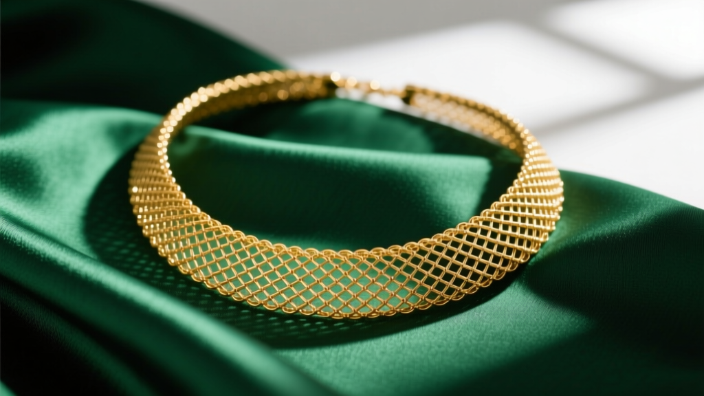 Close-up of a fluid 18k gold glomesh necklace draped over emerald green silk, highlighting the tightly woven metallic mesh texture.
