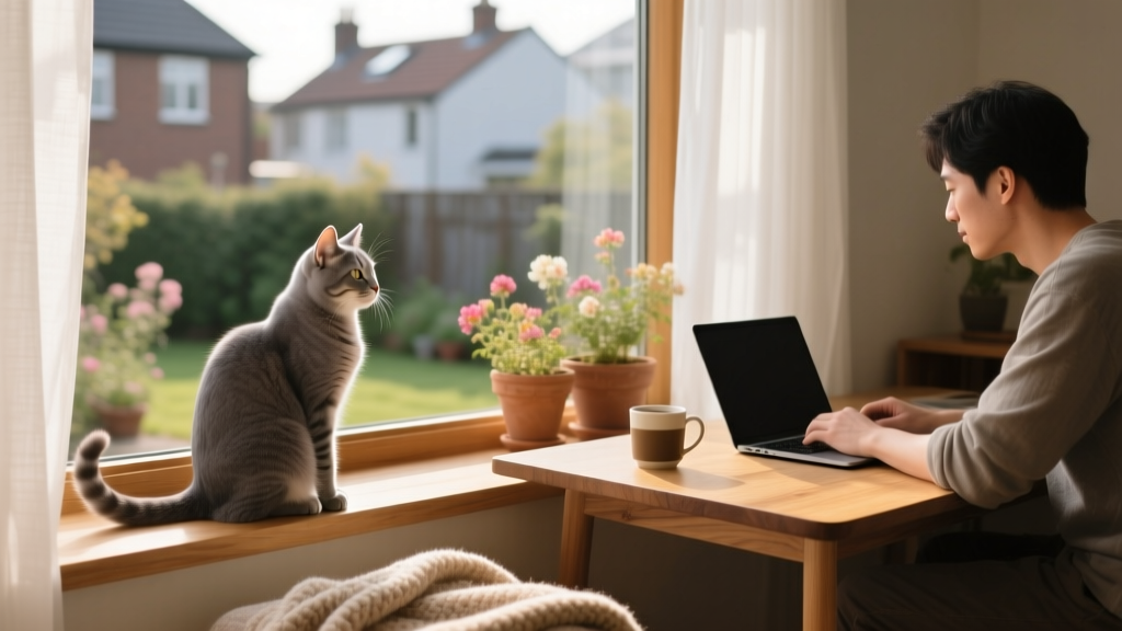Cat sitting calmly on a windowsill, gazing outside, while owner works nearby at a desk