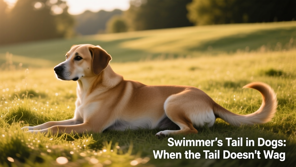 Side view of a medium-sized dog lying on grass with its tail hanging limply downward, not wagging