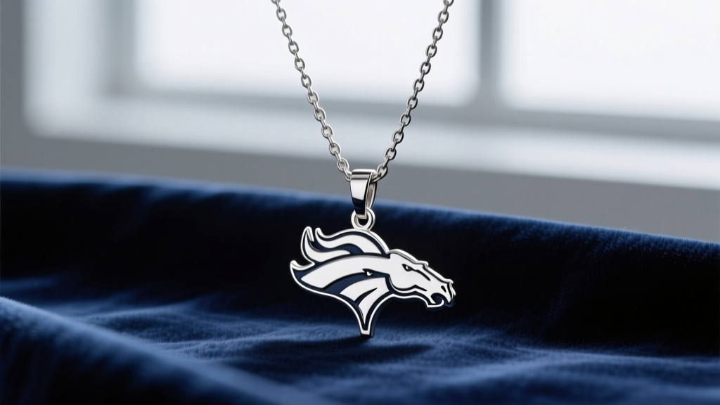 Close-up of a sterling silver Denver Broncos logo pendant on a box chain, resting on navy fabric with soft studio lighting
