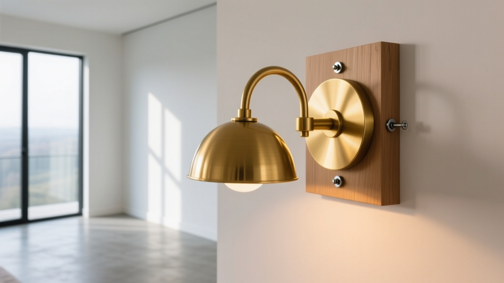 Brass wall sconce mounted to a wooden wall stud using steel toggle bolts, displayed in a bright, clean, and modern room setting.