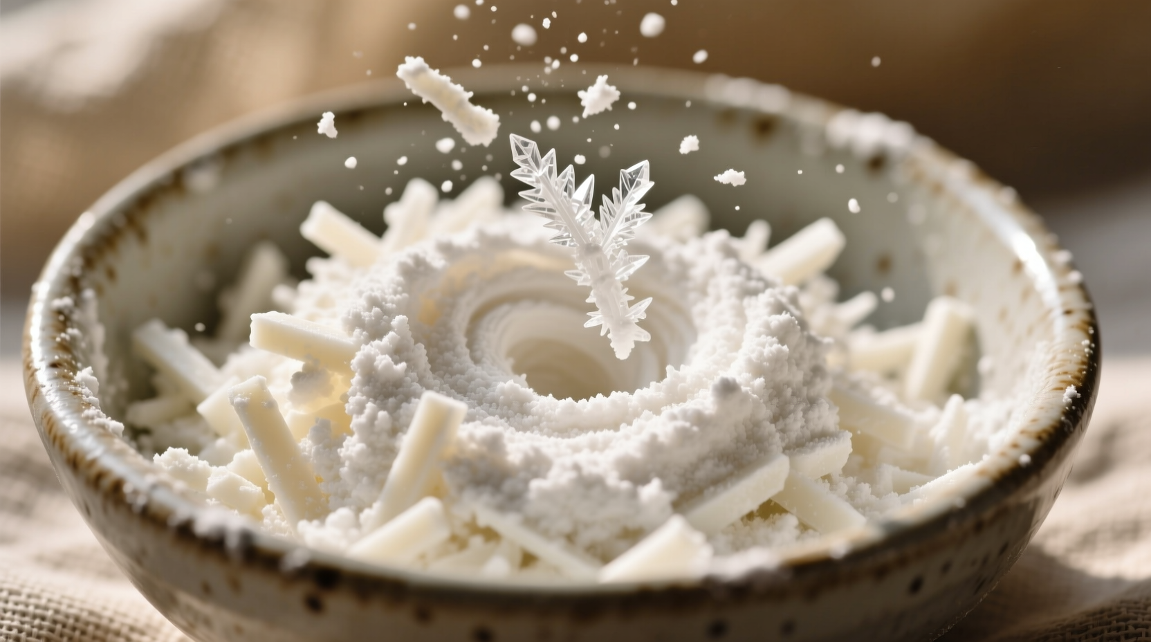 Close-up of grated soap mixing with washing soda in bowl