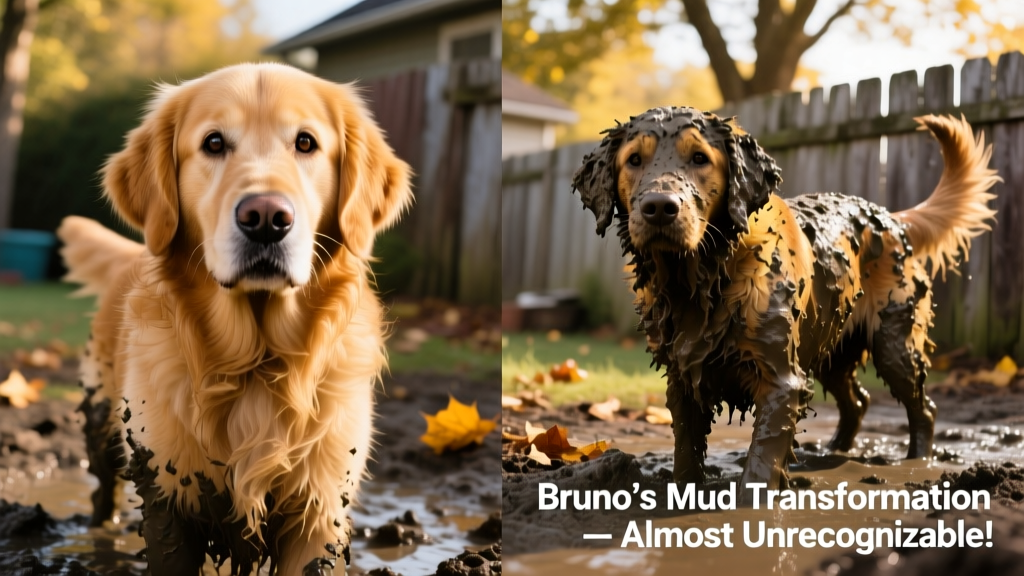Side-by-side comparison showing Bruno before (shiny golden coat) and after (completely coated in dried mud)
