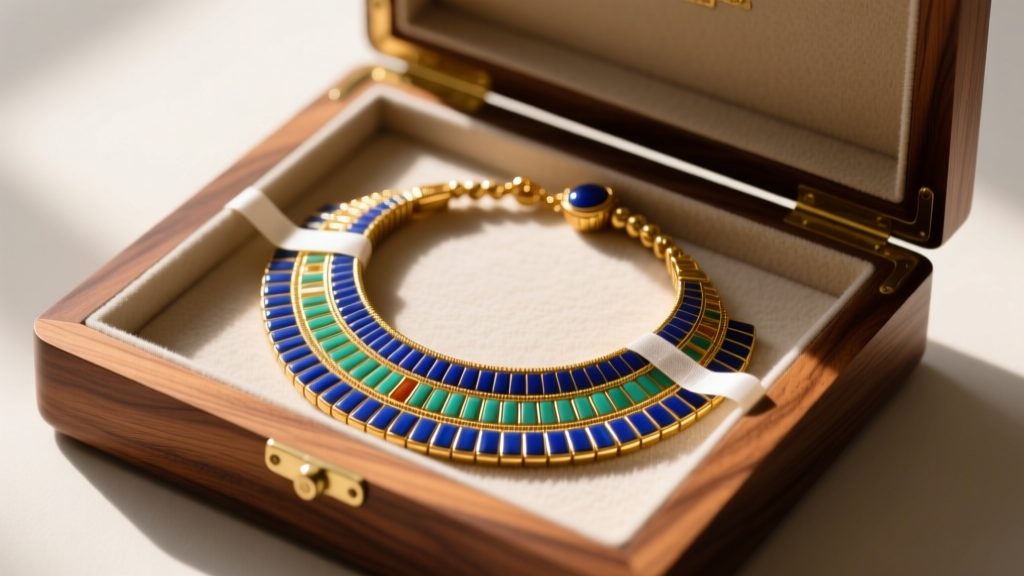 An open cedar jewelry box showing an Egyptian broad collar necklace stored flat with anti-tarnish strips and soft microfiber