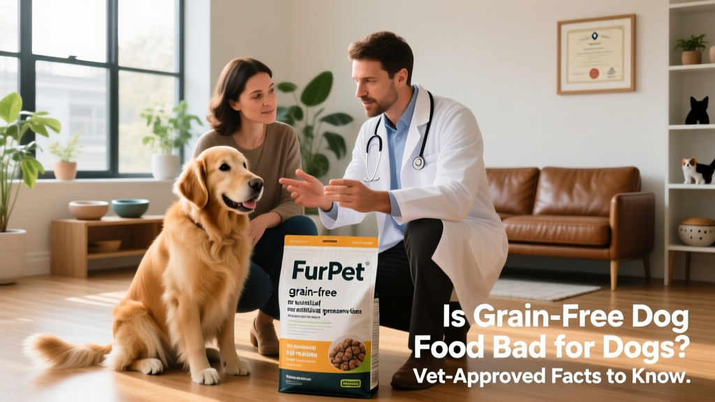 Veterinarian reviewing a FurPetVo nutrition label with a client and their golden retriever