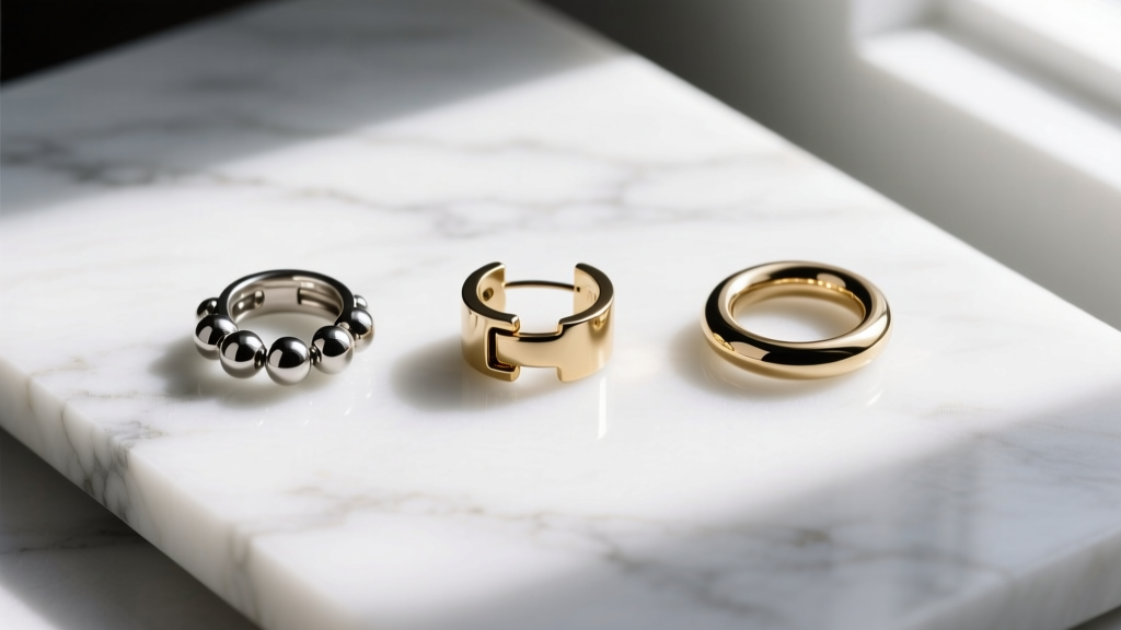 Flat lay of three ring earring closures: a captive bead ring, a hinged clicker, and an endless hoop on a white marble surface.