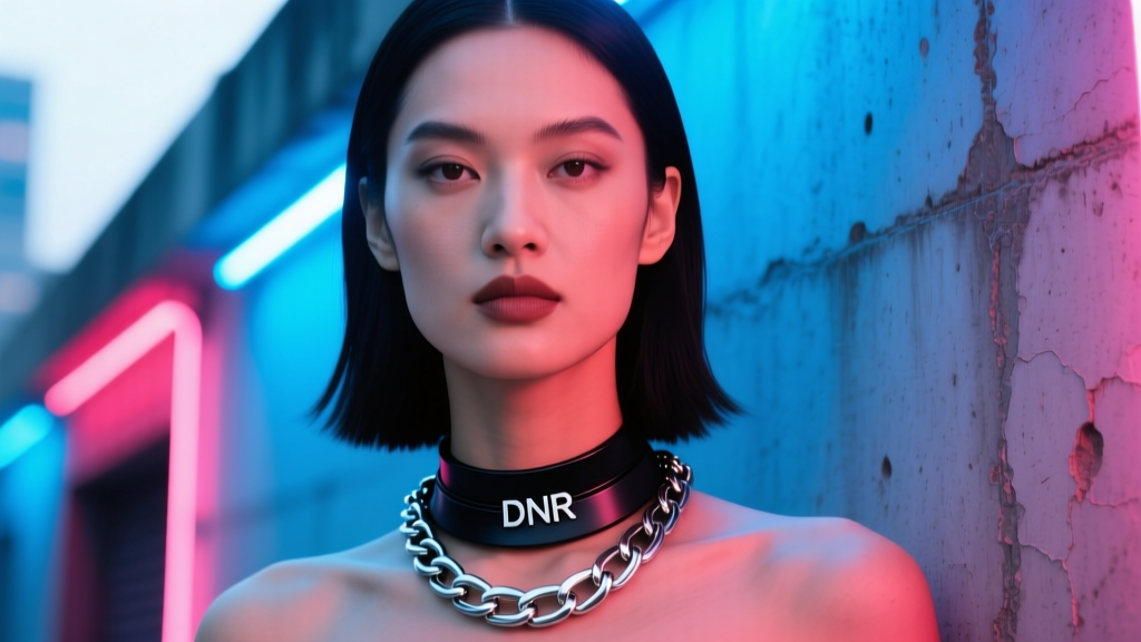 Model wearing a layered matte black titanium DNR necklace and a thick silver Cuban chain against a neon-lit urban concrete wall