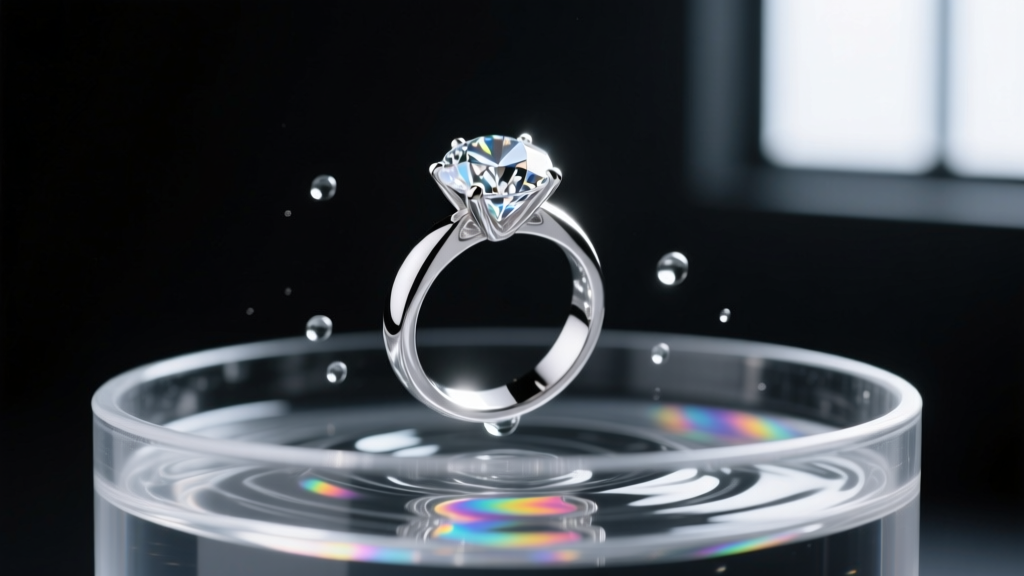 Sonic jewelry cleaner tank with rippling water illuminating a suspended platinum diamond ring against a dark studio backdrop